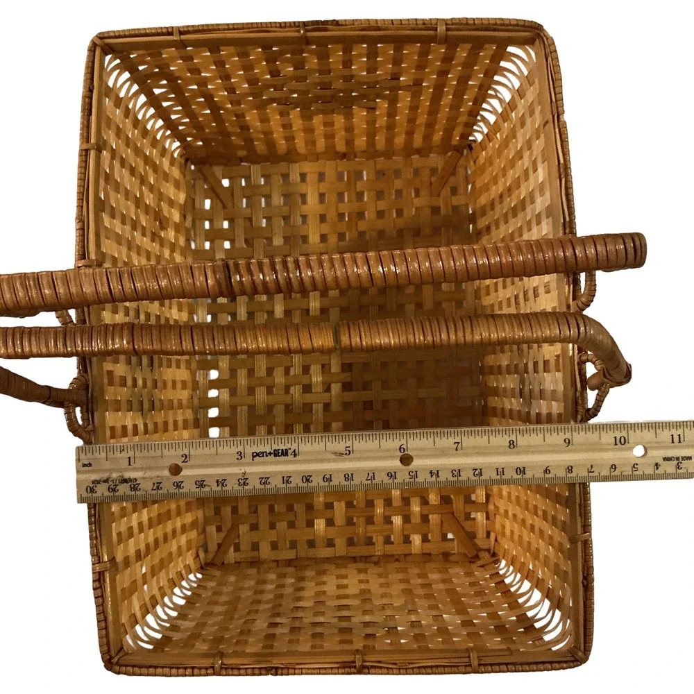 Vintage Woven Wood Splint Picnic Basket Dual Swing Handles Brown Diamond 12x9x4